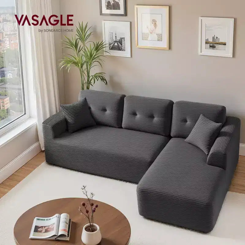 VASAGLE Canapé sans accoudoirs de 275 cm avec méridienne, assise profonde, en velours côtelé en forme de L pour salon, méridienne à droite