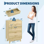 Commode en bois CuisinSmart pour chambre à coucher, commode à 5 tiroirs cannelés, commode rétro épaissie et station de charge pour entrée, cuisine, couloir