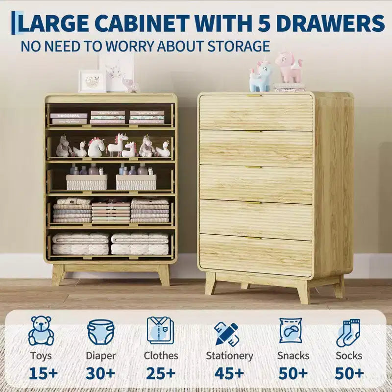 Commode en bois CuisinSmart pour chambre à coucher, commode à 5 tiroirs cannelés, commode rétro épaissie et station de charge pour entrée, cuisine, couloir