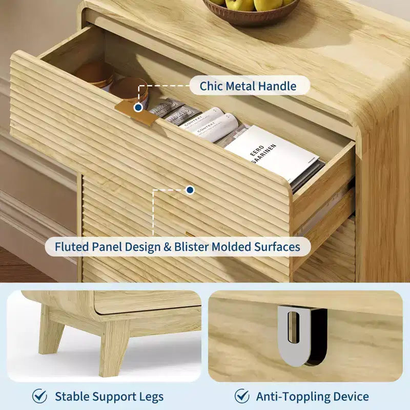 Commode en bois CuisinSmart pour chambre à coucher, commode à 5 tiroirs cannelés, commode rétro épaissie et station de charge pour entrée, cuisine, couloir