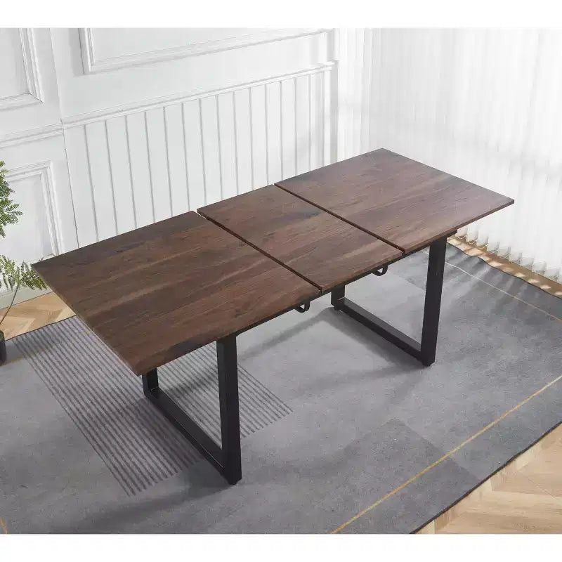Table à manger carrée extensible avec pied en métal et plateau en MDF, 140/180x80x75 cm, longueur réglable, finition noyer