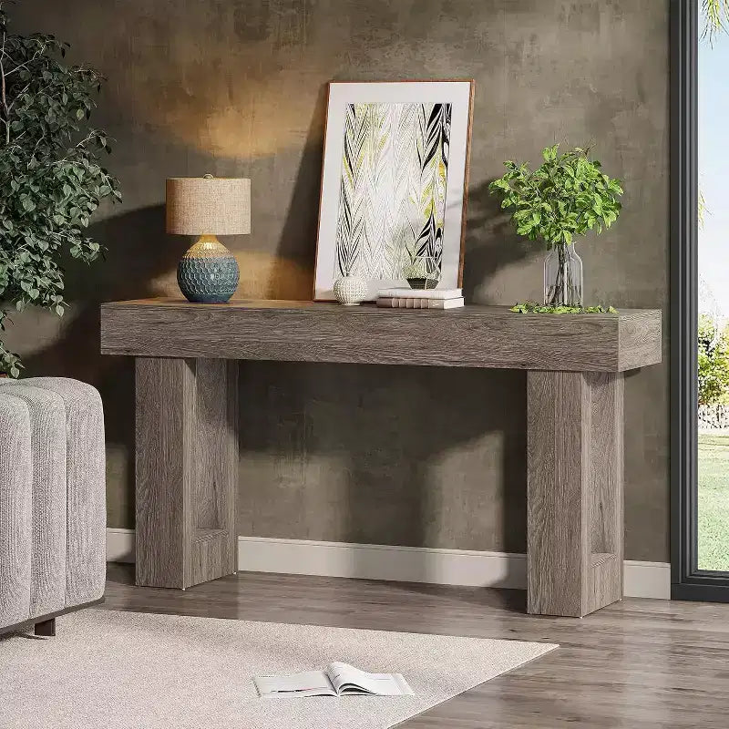 Console Lantine de 63 po de long, table de canapé rectangulaire en bois à placer derrière le canapé, table d'entrée de style rustique pour couloir, salon, grise