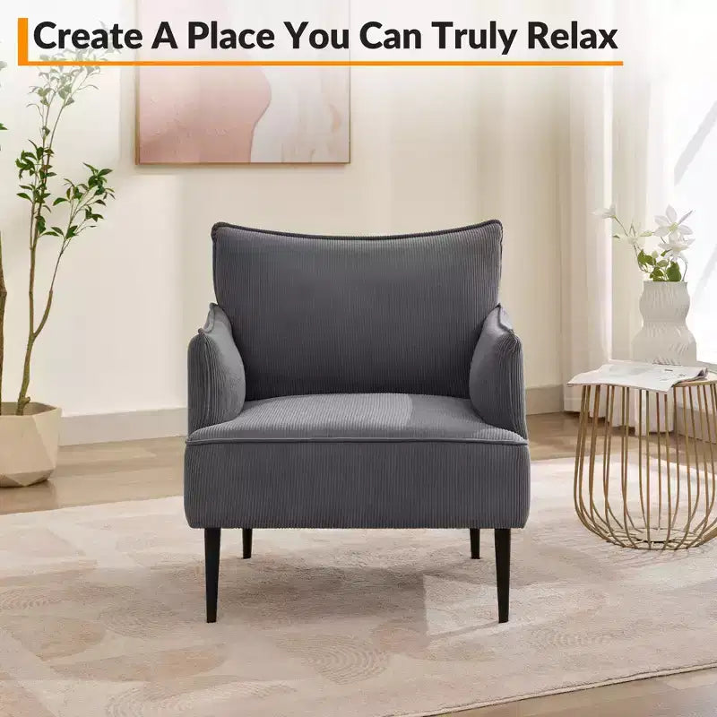 Fauteuil d'appoint, fauteuil moderne en velours côtelé avec accoudoirs rembourrés doux, fauteuil de salon de 136 kg avec pieds coniques en métal pour salon, chambre à coucher
