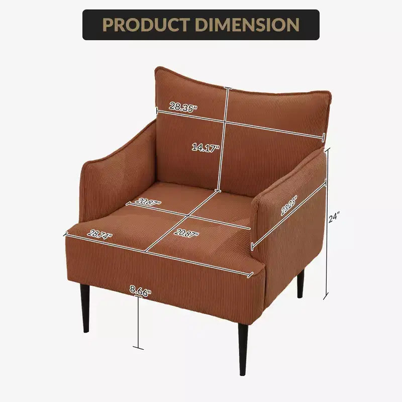 Fauteuil d'appoint, fauteuil moderne en velours côtelé avec accoudoirs rembourrés doux, fauteuil de salon de 136 kg avec pieds coniques en métal pour salon, chambre à coucher