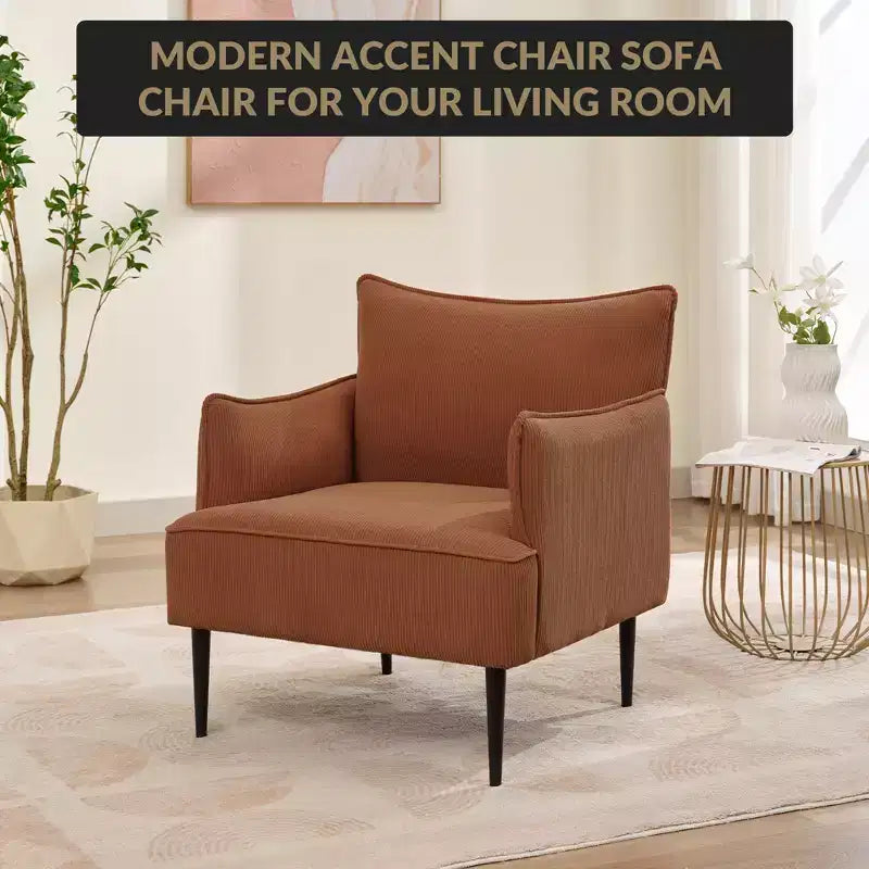 Fauteuil d'appoint, fauteuil moderne en velours côtelé avec accoudoirs rembourrés doux, fauteuil de salon de 136 kg avec pieds coniques en métal pour salon, chambre à coucher