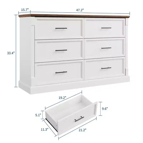 Commode de ferme 47 po avec 6 tiroirs, organiseur de rangement rustique en bois pour chambre à coucher, salon, couloir et entrée