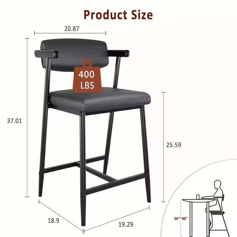 Lot de 4 tabourets de bar avec accoudoirs, tabourets de bar en métal à hauteur de comptoir avec repose-pieds et assise rembourrée, chaises de cuisine avec dossier doux, lot de 4