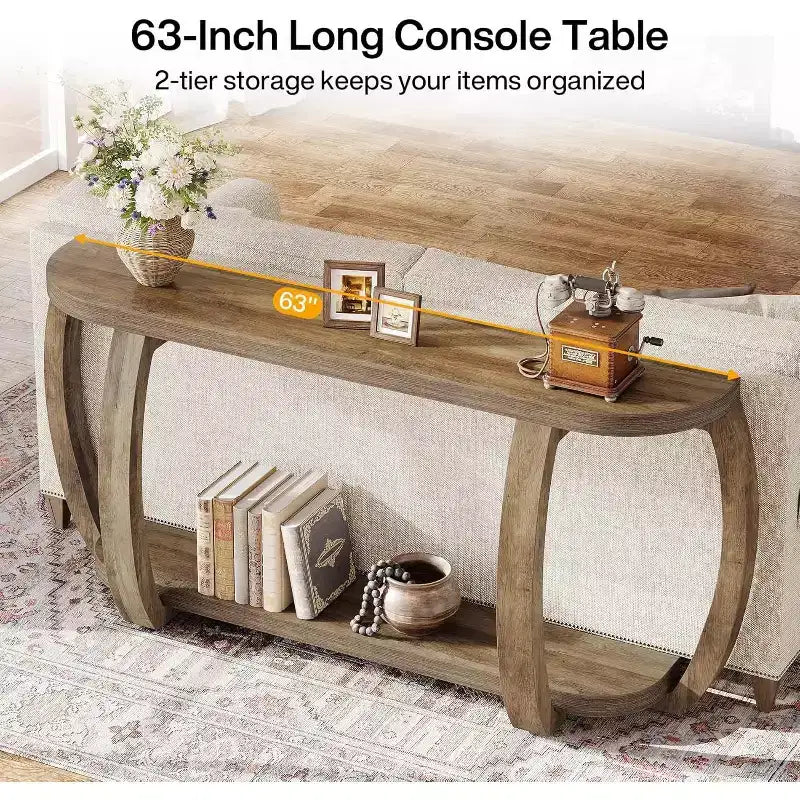 Table console en bois de ferme Lantine avec étagère ouverte, table d'entrée longue de 160 cm avec pieds incurvés pour le salon, le couloir, l'entrée