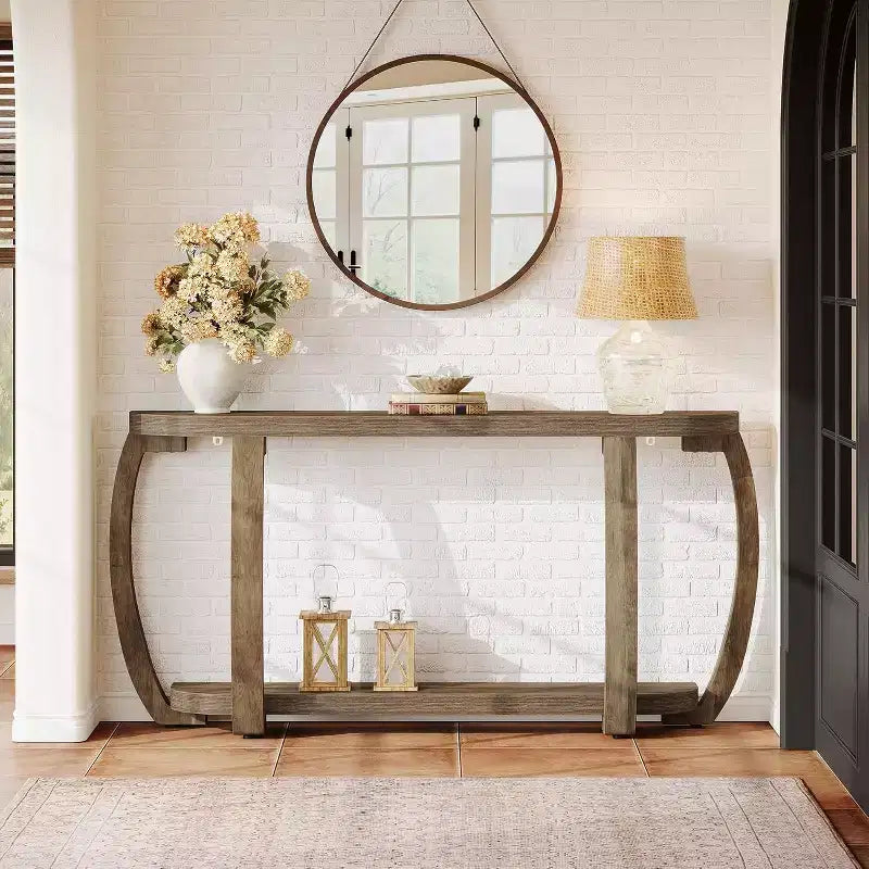 Table console en bois de ferme Lantine avec étagère ouverte, table d'entrée longue de 160 cm avec pieds incurvés pour le salon, le couloir, l'entrée