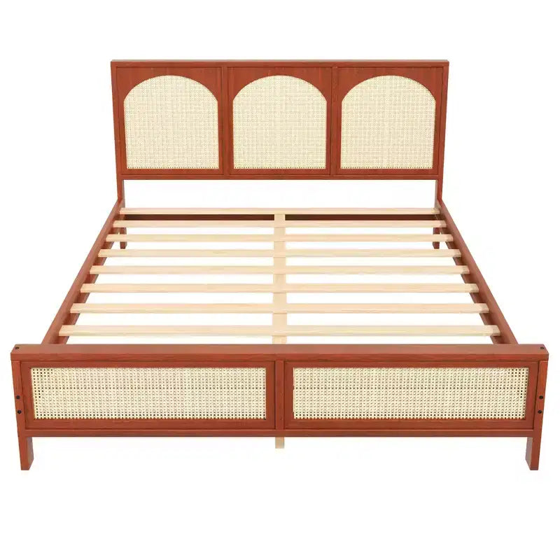 Lit plateforme en bois Queen/King size avec tête et pied de lit en rotin, cadre de lit avec pieds de support - ModernLuxe