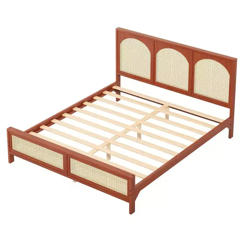 Lit plateforme en bois Queen/King size avec tête et pied de lit en rotin, cadre de lit avec pieds de support - ModernLuxe