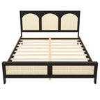 Lit plateforme en bois Queen/King size avec tête et pied de lit en rotin, cadre de lit avec pieds de support - ModernLuxe