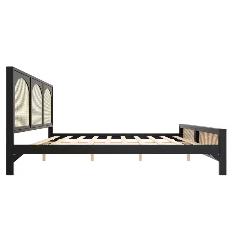 Lit plateforme en bois Queen/King size avec tête et pied de lit en rotin, cadre de lit avec pieds de support - ModernLuxe