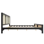 Lit plateforme en bois Queen/King size avec tête et pied de lit en rotin, cadre de lit avec pieds de support - ModernLuxe