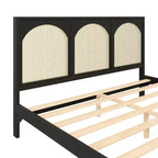 Lit plateforme en bois Queen/King size avec tête et pied de lit en rotin, cadre de lit avec pieds de support - ModernLuxe