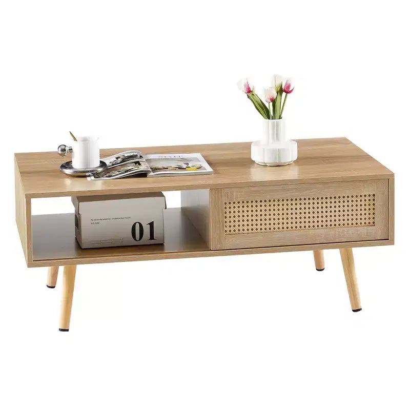 Table basse moderne en rotin JVNOXK de 105 cm avec porte coulissante de rangement, pieds en bois massif, adaptée au salon, dispose d'un espace de rangement, naturelle