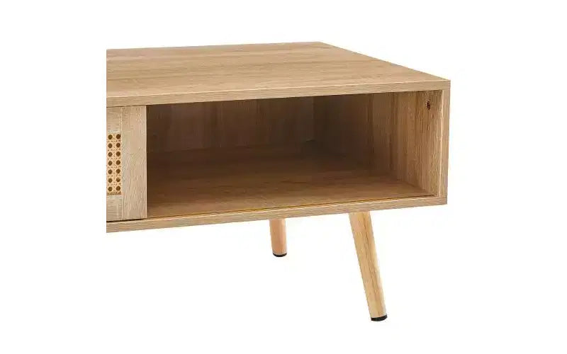 Table basse moderne en rotin JVNOXK de 105 cm avec porte coulissante de rangement, pieds en bois massif, adaptée au salon, dispose d'un espace de rangement, naturelle