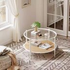 Table basse ronde en rotin de 30 po avec rangement, table basse circulaire à 2 niveaux en verre ondulé pour salon, petite table d'appoint circulaire moderne noire et or