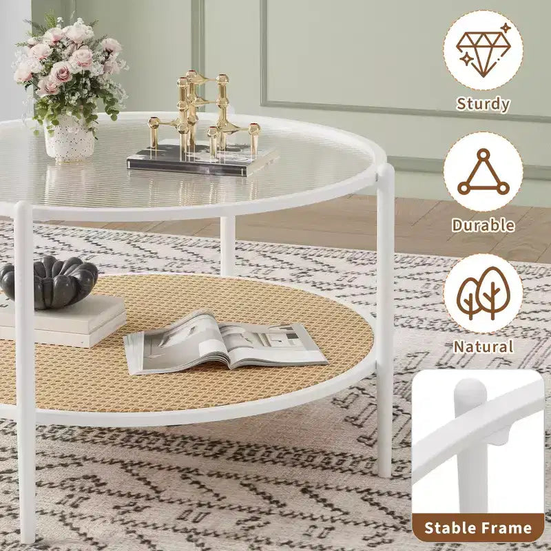 Table basse ronde en rotin de 30 po avec rangement, table basse circulaire à 2 niveaux en verre ondulé pour salon, petite table d'appoint circulaire moderne noire et or