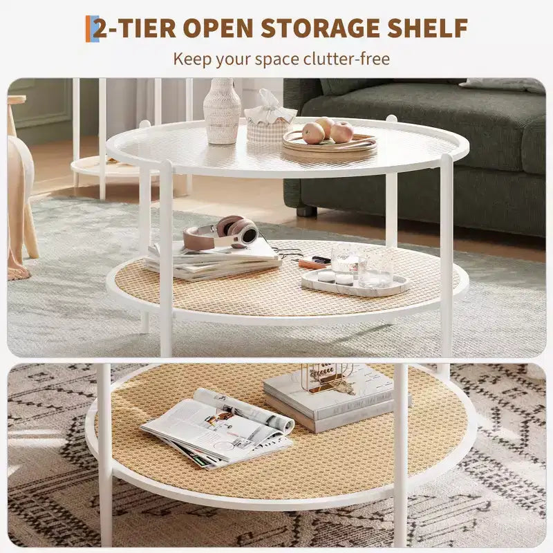 Table basse ronde en rotin de 30 po avec rangement, table basse circulaire à 2 niveaux en verre ondulé pour salon, petite table d'appoint circulaire moderne noire et or