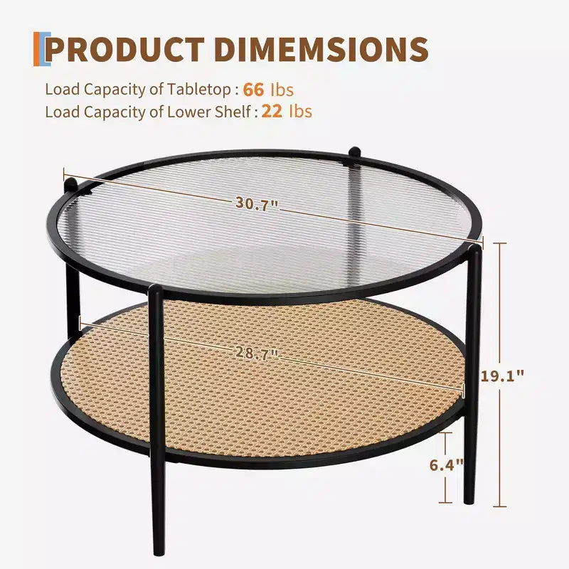 Table basse ronde en rotin de 30 po avec rangement, table basse circulaire à 2 niveaux en verre ondulé pour salon, petite table d'appoint circulaire moderne noire et or