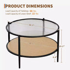 Table basse ronde en rotin de 30 po avec rangement, table basse circulaire à 2 niveaux en verre ondulé pour salon, petite table d'appoint circulaire moderne noire et or