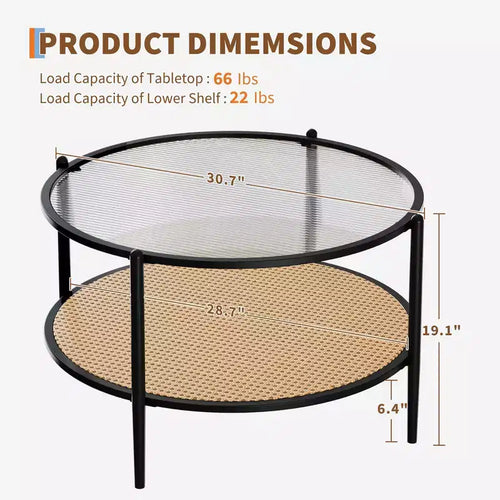 Table basse ronde en rotin de 30 po avec rangement, table basse circulaire à 2 niveaux en verre ondulé pour salon, petite table d'appoint circulaire moderne noire et or