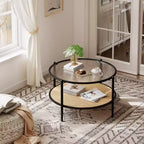 Table basse ronde en rotin de 30 po avec rangement, table basse circulaire à 2 niveaux en verre ondulé pour salon, petite table d'appoint circulaire moderne noire et or