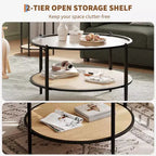 Table basse ronde en rotin de 30 po avec rangement, table basse circulaire à 2 niveaux en verre ondulé pour salon, petite table d'appoint circulaire moderne noire et or