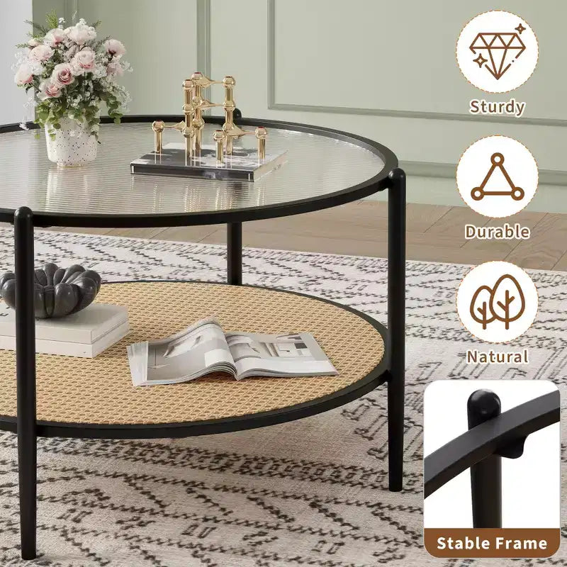 Table basse ronde en rotin de 30 po avec rangement, table basse circulaire à 2 niveaux en verre ondulé pour salon, petite table d'appoint circulaire moderne noire et or