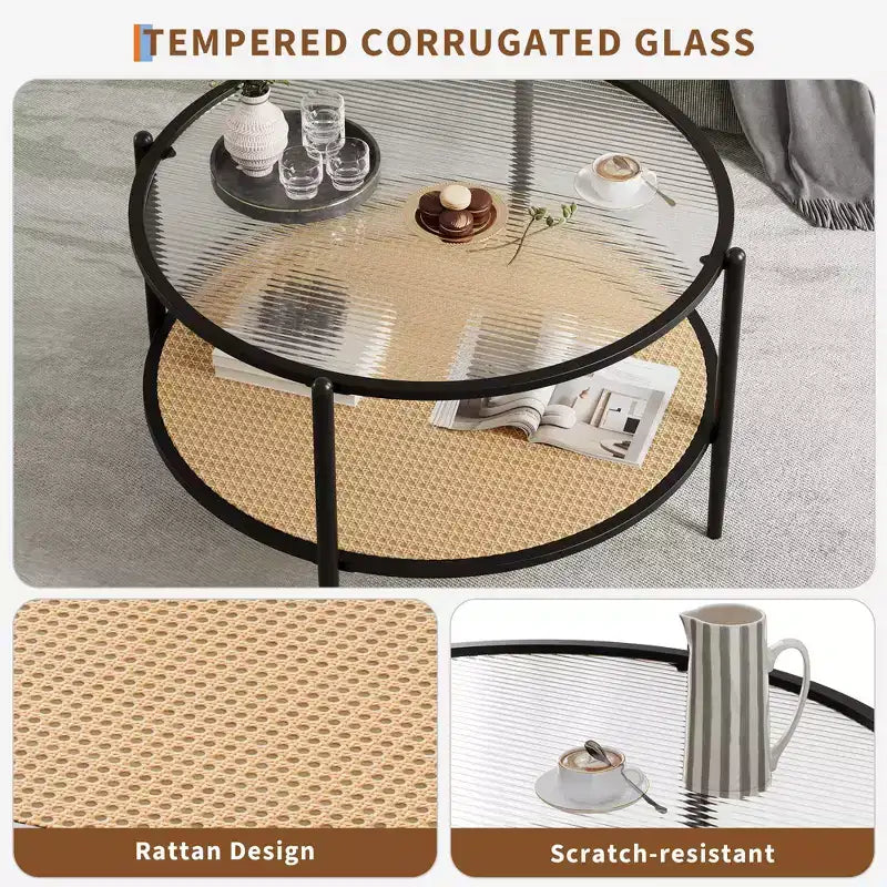 Table basse ronde en rotin de 30 po avec rangement, table basse circulaire à 2 niveaux en verre ondulé pour salon, petite table d'appoint circulaire moderne noire et or