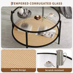 Table basse ronde en rotin de 30 po avec rangement, table basse circulaire à 2 niveaux en verre ondulé pour salon, petite table d'appoint circulaire moderne noire et or
