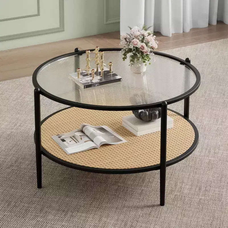 Table basse ronde en rotin de 30 po avec rangement, table basse circulaire à 2 niveaux en verre ondulé pour salon, petite table d'appoint circulaire moderne noire et or
