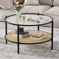 30 Round Rattan Coffee Table with Storage, 2-Tier Circle Water-Wave Glass Center Table for Living Room, Modern Small Circle Black Gold End Table