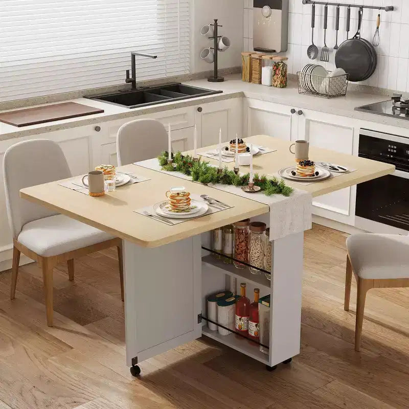 Table de salle à manger pliante convertible avec rangement, chariot de cuisine roulant avec étagères pour petits espaces, en bois manufacturé