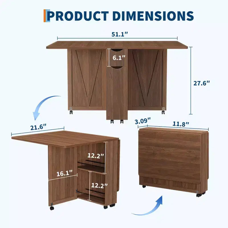 Table de salle à manger pliante convertible avec rangement, chariot de cuisine roulant avec étagères pour petits espaces, en bois manufacturé