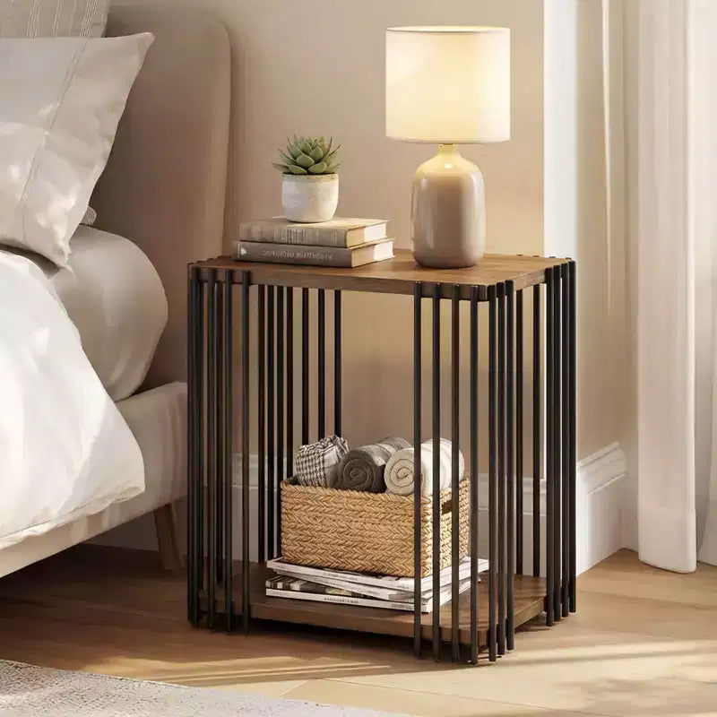 Costway Table d'appoint en bois de caoutchouc 1/2 PCS avec étagères de rangement à 2 niveaux, cadre en métal pour salon