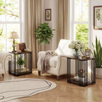 Costway Table d'appoint en bois de caoutchouc 1/2 PCS avec étagères de rangement à 2 niveaux, cadre en métal pour salon