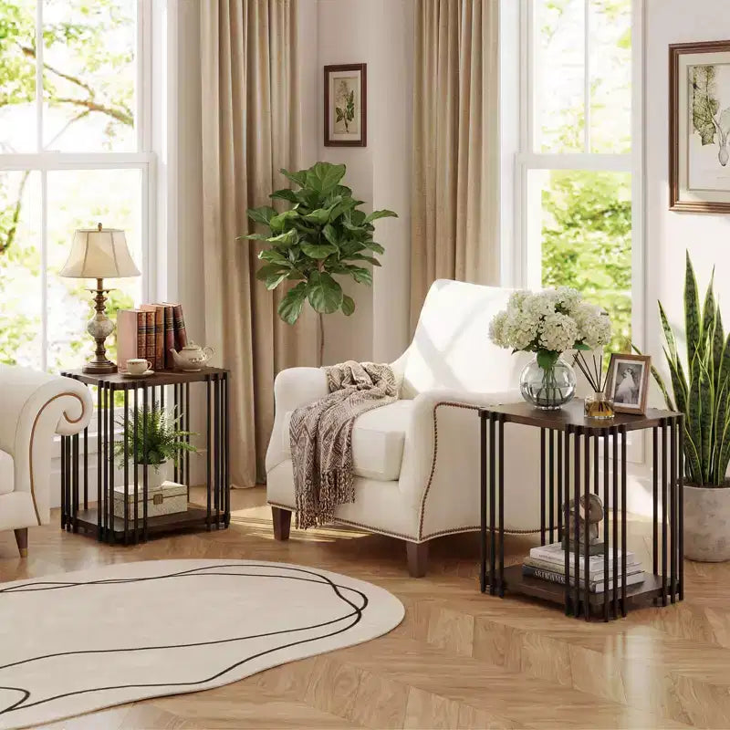 Costway Table d'appoint en bois de caoutchouc 1/2 PCS avec étagères de rangement à 2 niveaux, cadre en métal pour salon