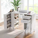 Table professionnelle de salon de manucure avec plateau en verre, dotée d'un collecteur de fines particules, d'un repose-poignet, de tiroirs et de placards de rangement, blanche.