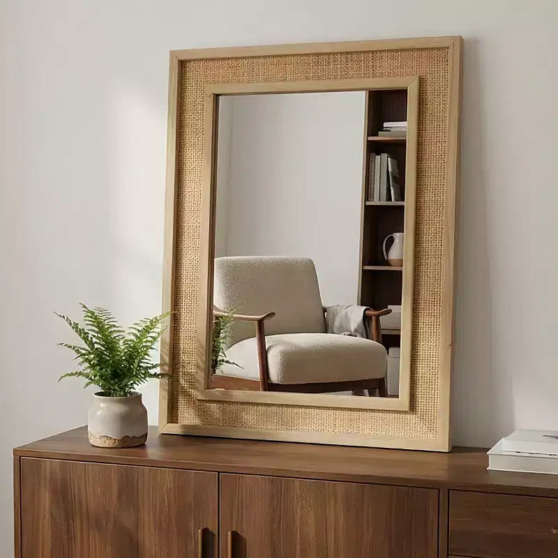Miroir mural décoratif rectangulaire en rotin 24 x 36 avec cadre en bois, miroir d'appoint de style ferme pour salle de bain, entrée ou décoration intérieure - Panipeachy