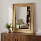 Miroir mural décoratif rectangulaire en rotin 24 x 36 avec cadre en bois, miroir d'appoint de style ferme pour salle de bain, entrée ou décoration intérieure - Panipeachy