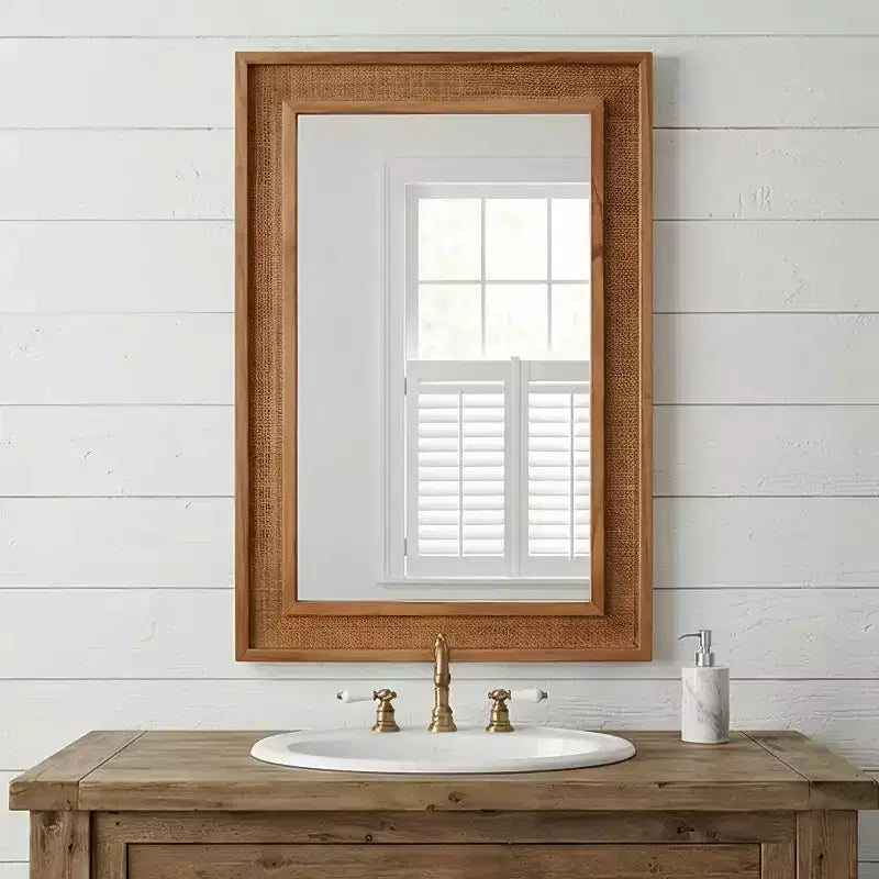 Miroir mural décoratif rectangulaire en rotin 24 x 36 avec cadre en bois, miroir d'appoint de style ferme pour salle de bain, entrée ou décoration intérieure - Panipeachy