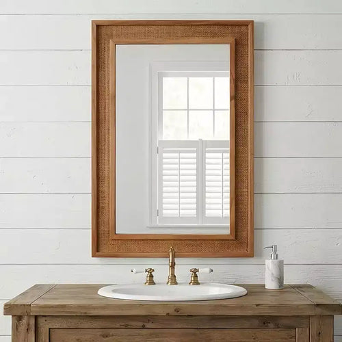 Miroir mural décoratif rectangulaire en rotin 24 x 36 avec cadre en bois, miroir d'appoint de style ferme pour salle de bain, entrée ou décoration intérieure - Panipeachy