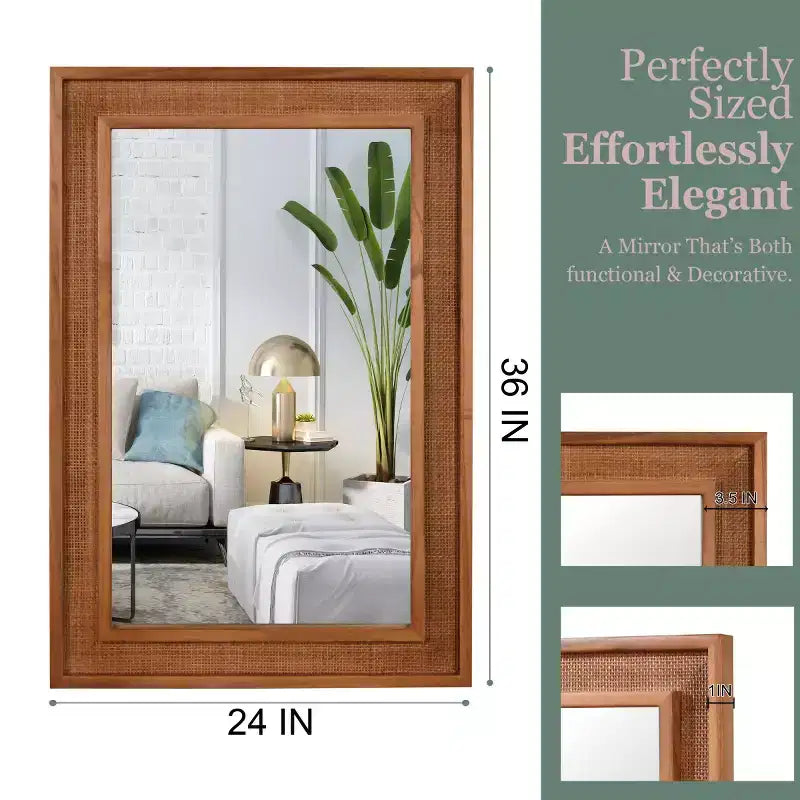 Miroir mural décoratif rectangulaire en rotin 24 x 36 avec cadre en bois, miroir d'appoint de style ferme pour salle de bain, entrée ou décoration intérieure - Panipeachy