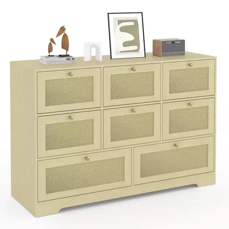Modern Boho Rattan 6-Drawer Dresser, Wicker Chest of Drawers with Solid Wood Legs, Freestanding Organizer for Home Bedroom Living Room