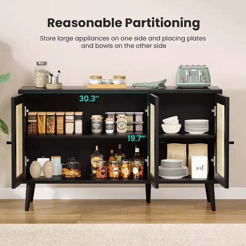 JVNOXK Bahut Buffet avec 3 Portes en Rotin, Console de Rangement de Cuisine Moderne pour Entrée Salon (Petit, Noir)