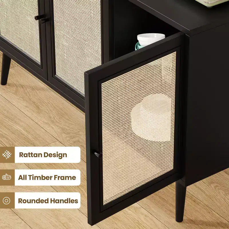 JVNOXK Bahut Buffet avec 3 Portes en Rotin, Console de Rangement de Cuisine Moderne pour Entrée Salon (Petit, Noir)
