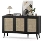 JVNOXK Bahut Buffet avec 3 Portes en Rotin, Console de Rangement de Cuisine Moderne pour Entrée Salon (Petit, Noir)