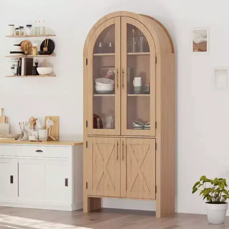 Garde-Manger de cuisine arqué 60 | Meuble arqué 4 niveaux avec portes, Rangement en bois moderne avec étagères réglables pour salon et salle à manger